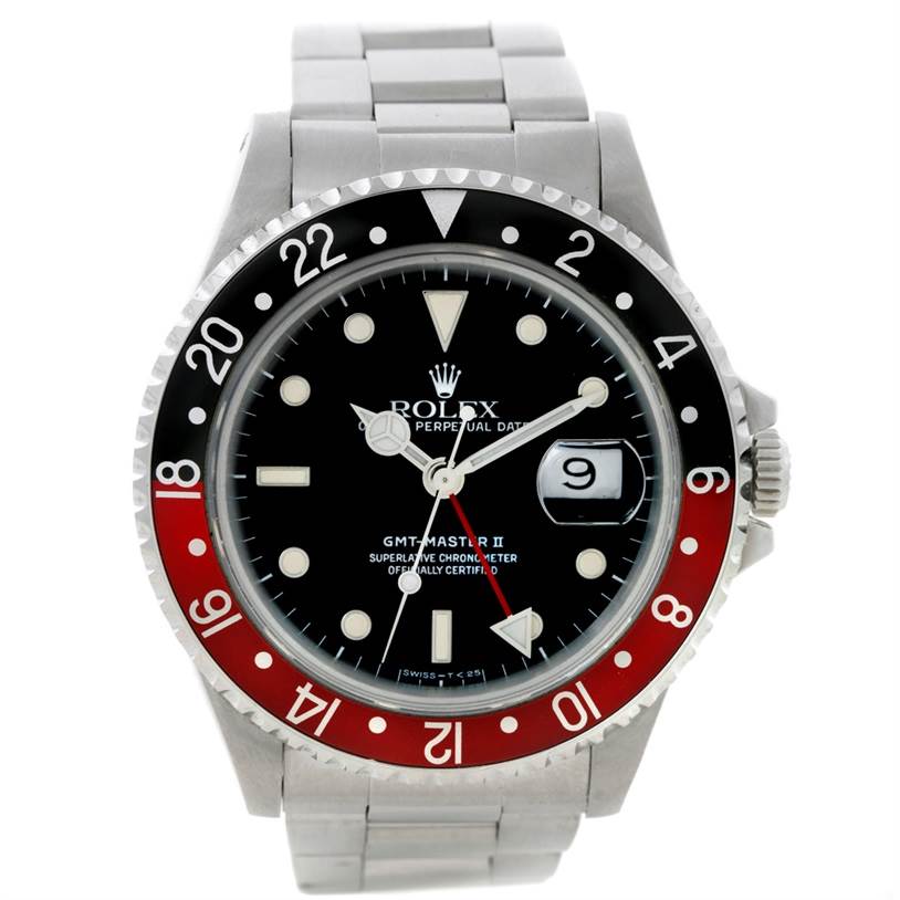 This image shows a front view of a Rolex GMT-Master 16710 Men's Stainless Steel Black Dial 16710 Men's Stainless Steel Black Dial II watch, displaying the bezel, dial, hands, bracelet, and crown.