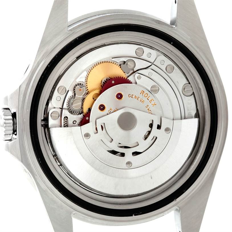 This image shows the back view of the Rolex GMT-Master 16710 Men's Stainless Steel Black Dial 16710 Men's Stainless Steel Black Dial watch, highlighting its internal automatic movement mechanism.