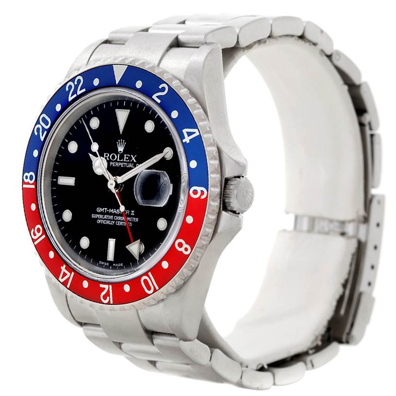 This Rolex GMT-Master 16710 Men's Stainless Steel Black Dial 16710 Men's Stainless Steel Black Dial watch shows a side angle highlighting the bezel, crown, dial, and part of the bracelet.