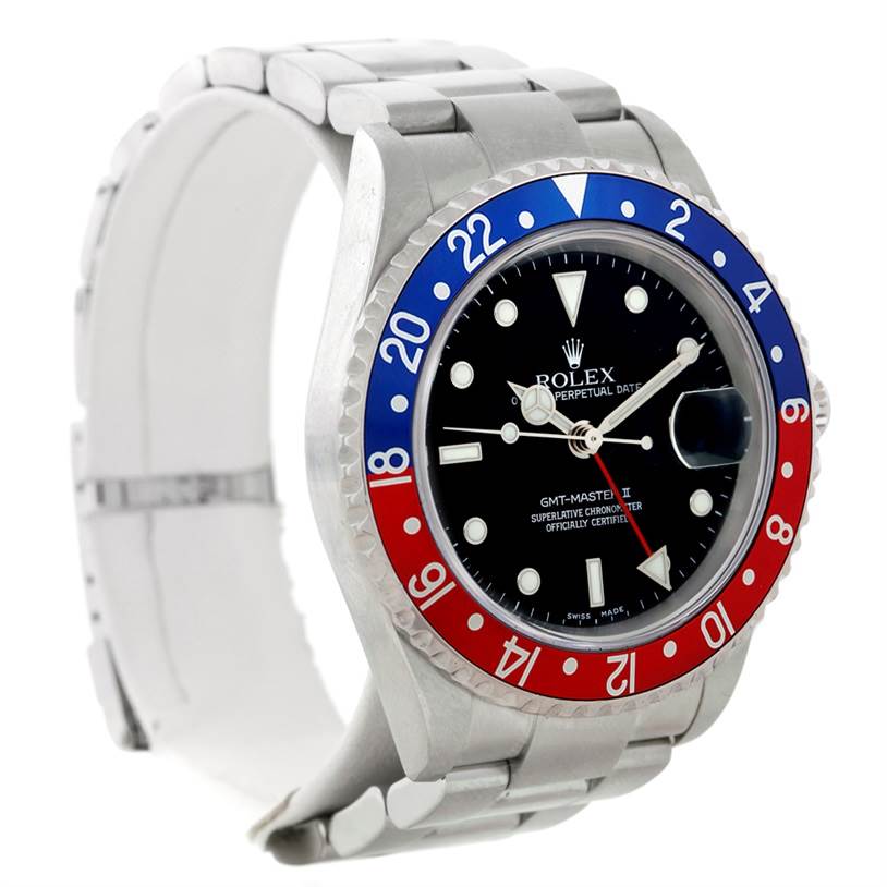 The Rolex GMT-Master 16710 Men's Stainless Steel Black Dial 16710 Men's Stainless Steel Black Dial watch is shown from an angled front view, highlighting its bezel, dial, and stainless steel bracelet.