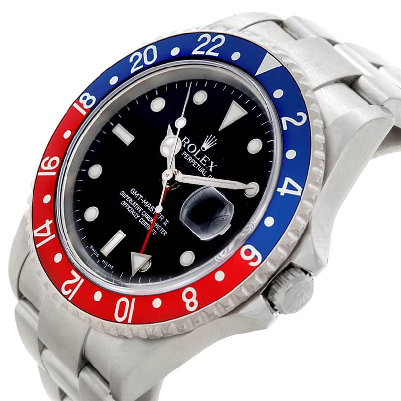 The image shows a close-up angle of the Rolex GMT-Master 16710 Men's Stainless Steel Black Dial 16710 Men's Stainless Steel Black Dial II watch, highlighting its bezel, dial, and part of the bracelet.