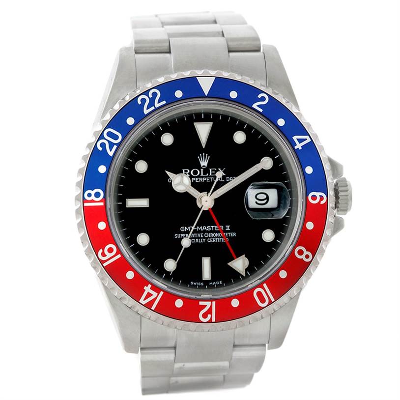 The image shows the front view of a Rolex GMT-Master 16710 Men's Stainless Steel Black Dial 16710 Men's Stainless Steel Black Dial II watch, highlighting the bezel, dial, and bracelet.