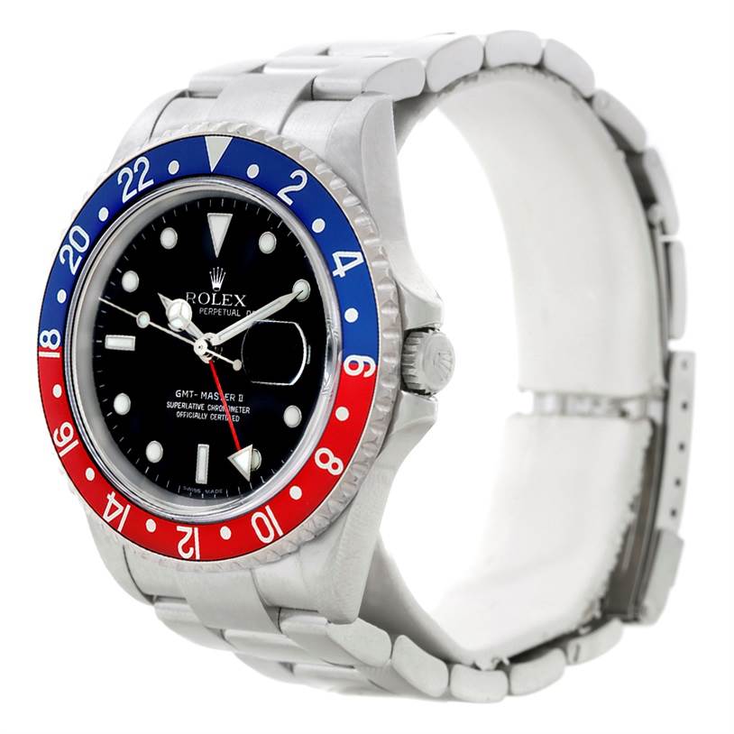 The image shows a front angle view of a Rolex GMT-Master 16710 Men's Stainless Steel Black Dial 16710 Men's Stainless Steel Black Dial II watch, displaying the bezel, dial, and bracelet.