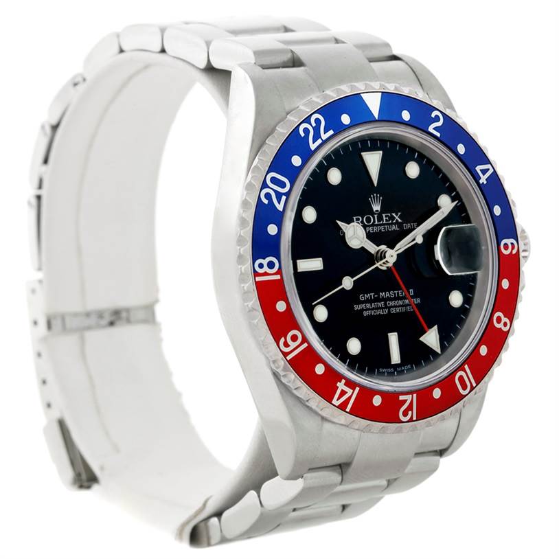 The image shows a side angle of the Rolex GMT-Master 16710 Men's Stainless Steel Black Dial 16710 Men's Stainless Steel Black Dial watch, highlighting its bezel, dial, and bracelet.