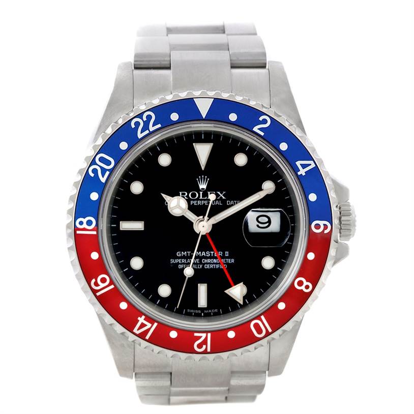 The image shows a frontal view of the Rolex GMT-Master 16710 Men's Stainless Steel Black Dial 16710 Men's Stainless Steel Black Dial watch, highlighting its bezel, dial, and bracelet.