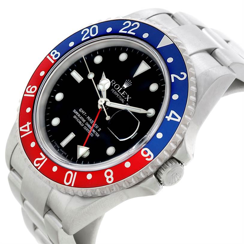 The image shows a side angle of a Rolex GMT-Master 16710 Men's Stainless Steel Black Dial 16710 Men's Stainless Steel Black Dial watch, highlighting the bezel, dial, and part of the bracelet.