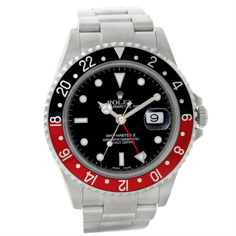 The image shows a frontal view of a Rolex GMT-Master 16710 Men's Stainless Steel Black Dial 16710 Men's Stainless Steel Black Dial II, featuring its dial, bezel, and bracelet.