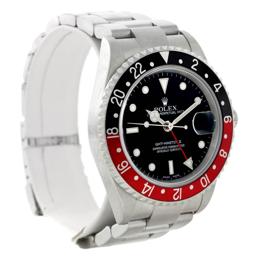 The image shows a side-angle view of a Rolex GMT-Master 16710 Men's Stainless Steel Black Dial 16710 Men's Stainless Steel Black Dial watch, highlighting its bezel, dial, and bracelet.