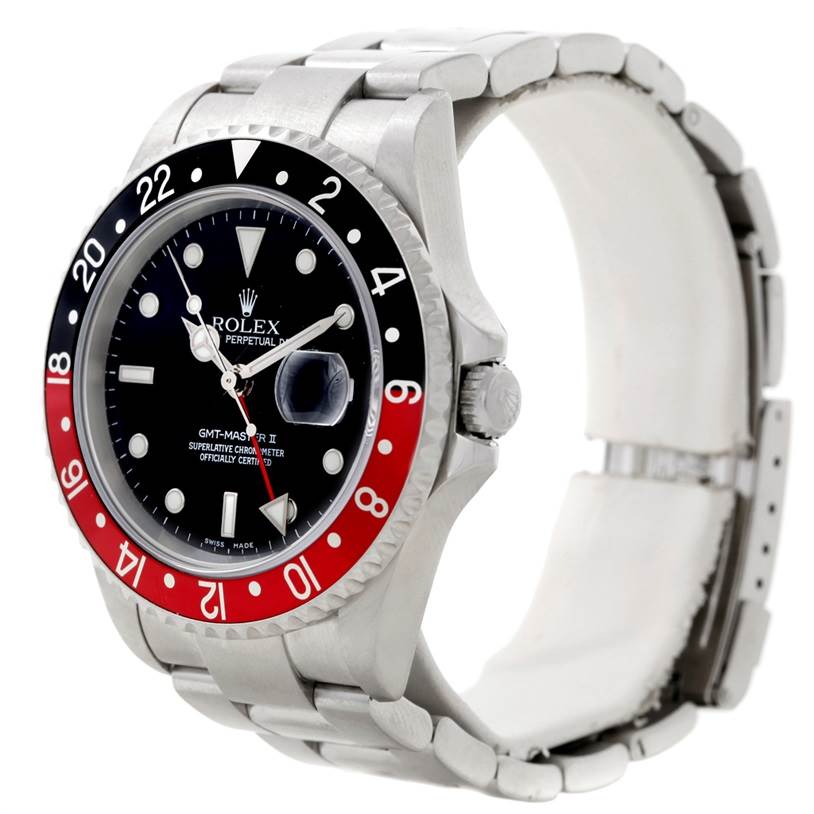 The Rolex GMT-Master 16710 Men's Stainless Steel Black Dial 16710 Men's Stainless Steel Black Dial watch is shown from an oblique front angle, displaying the dial, bezel, case, bracelet, and crown.
