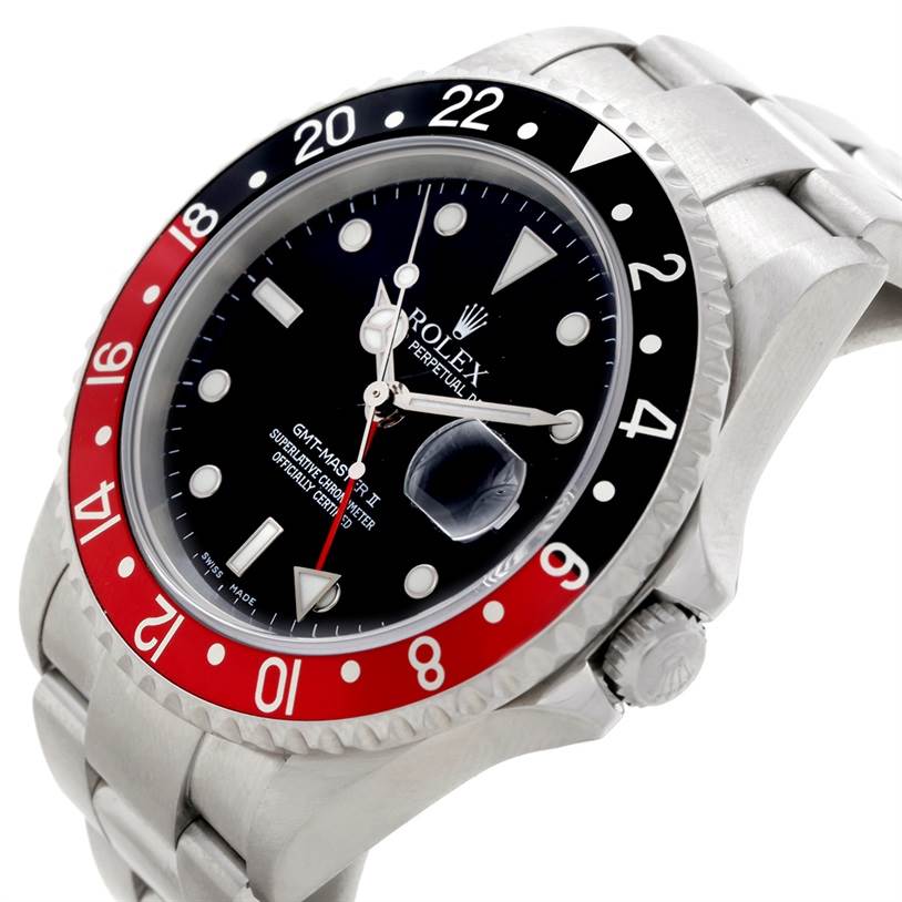 The Rolex GMT-Master 16710 Men's Stainless Steel Black Dial 16710 Men's Stainless Steel Black Dial watch is shown at a three-quarter angle, displaying the bezel, dial, crown, and part of the bracelet.