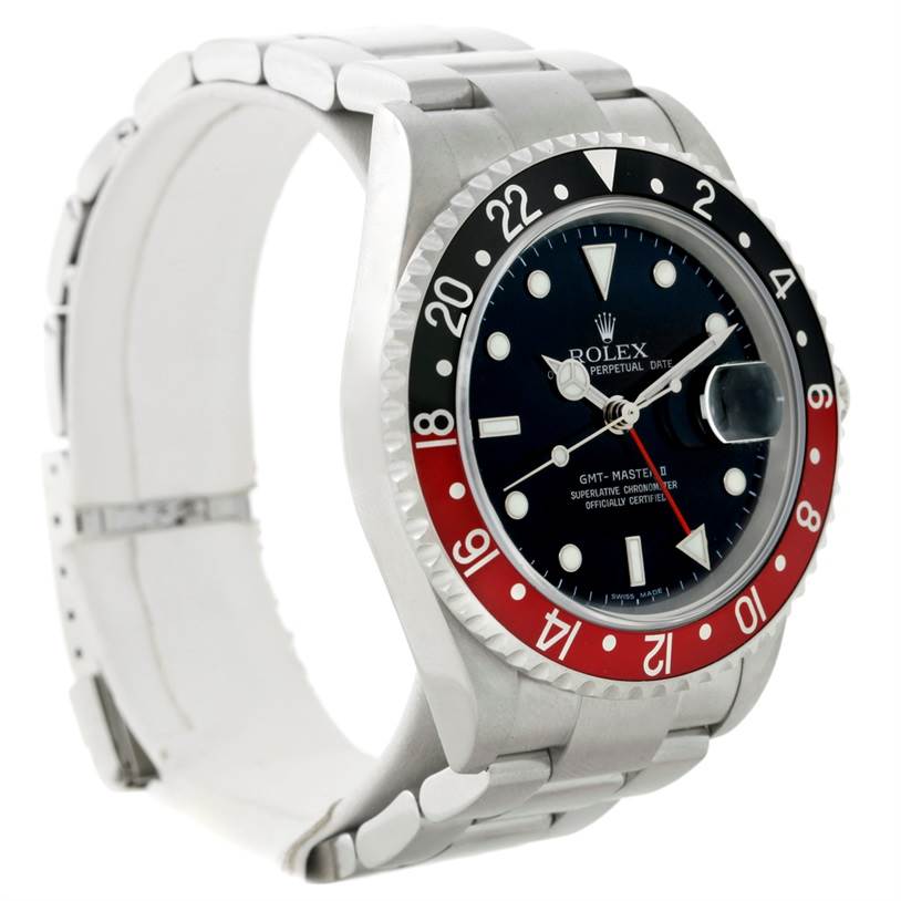 The image shows a side angle of a Rolex GMT-Master 16710 Men's Stainless Steel Black Dial 16710 Men's Stainless Steel Black Dial watch, highlighting its bezel, face, and bracelet.
