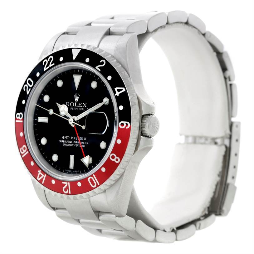 This image shows a Rolex GMT-Master 16710 Men's Stainless Steel Black Dial 16710 Men's Stainless Steel Black Dial watch at a three-quarter angle highlighting the bezel, dial, and bracelet.