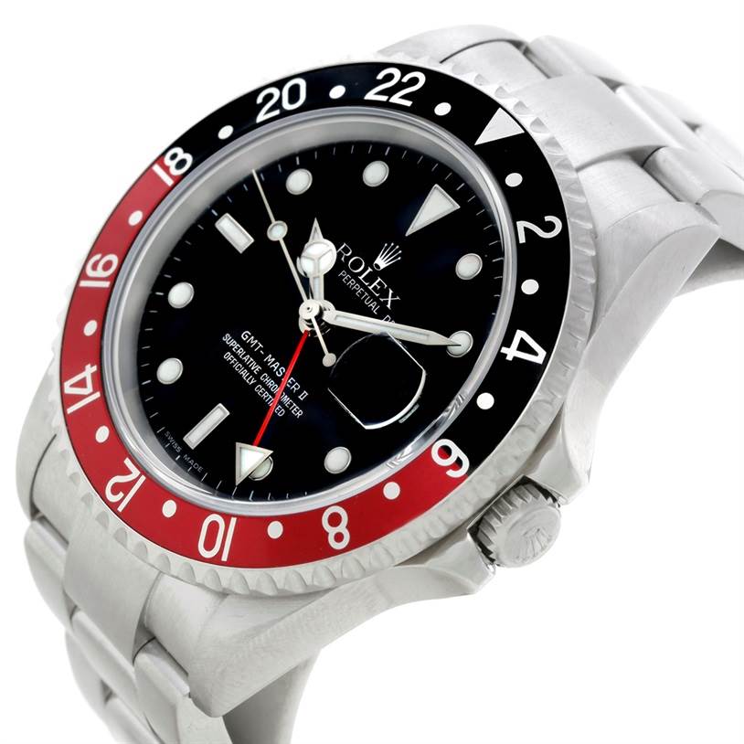 The Rolex GMT-Master 16710 Men's Stainless Steel Black Dial 16710 Men's Stainless Steel Black Dial watch is shown at an oblique angle, highlighting the bezel, dial, crown, and part of the bracelet.