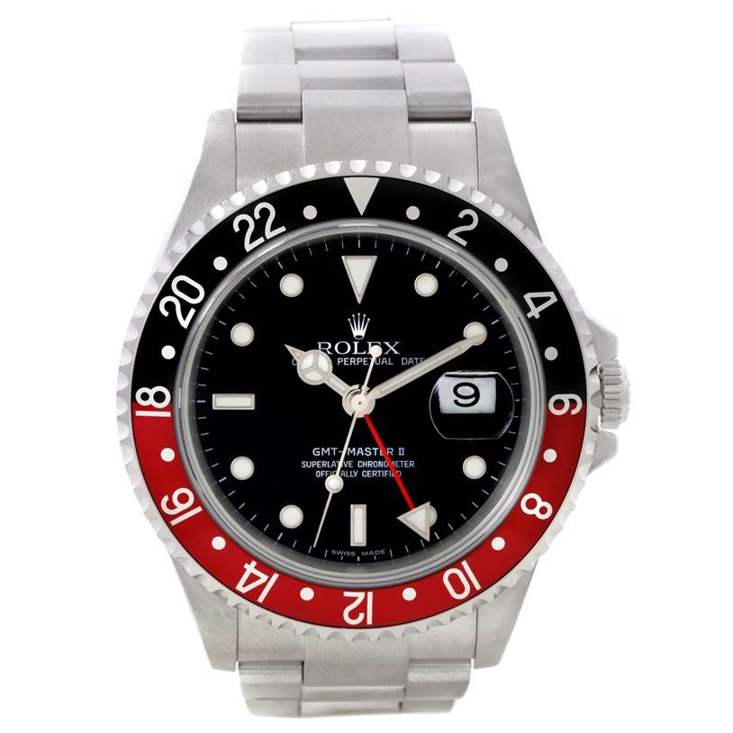 This image shows a front view of the Rolex GMT-Master 16710 Men's Stainless Steel Black Dial 16710 Men's Stainless Steel Black Dial II watch, displaying the dial, bezel, hands, and part of the bracelet.