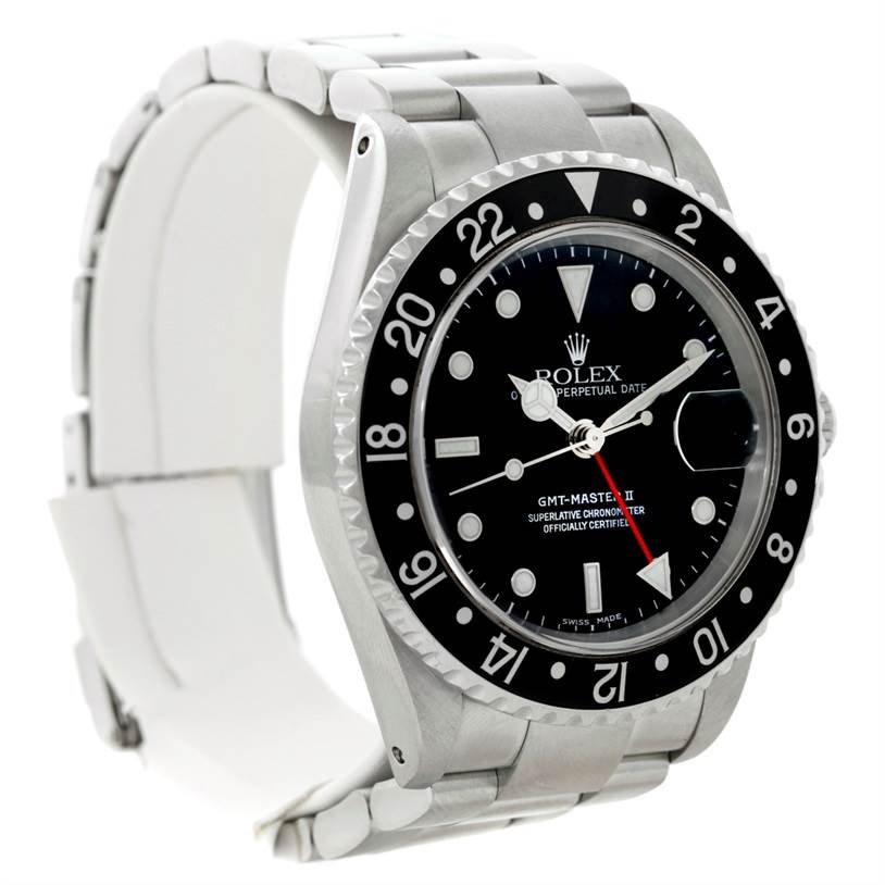 The Rolex GMT-Master 16710 Men's Stainless Steel Black Dial 16710 Men's Stainless Steel Black Dial II watch is shown from a front-left angle, highlighting the face, bezel, and part of the bracelet.
