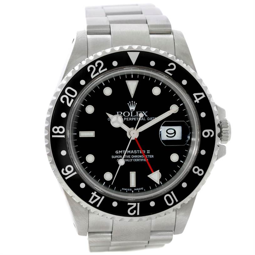 The Rolex GMT-Master 16710 Men's Stainless Steel Black Dial 16710 Men's Stainless Steel Black Dial watch is shown from a front angle, displaying the dial, bezel, and part of the bracelet.