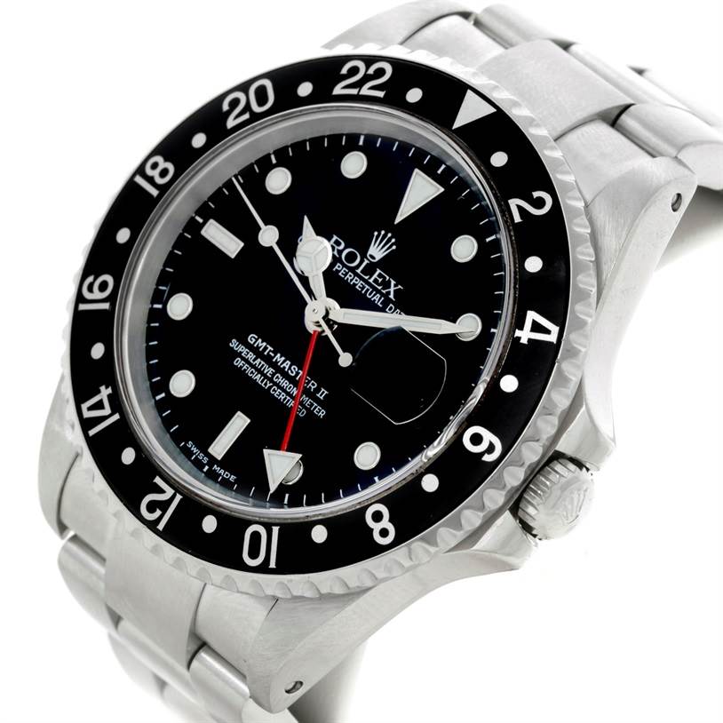 This image shows a Rolex GMT-Master 16710 Men's Stainless Steel Black Dial 16710 Men's Stainless Steel Black Dial II watch at an angle displaying the face, bezel, and part of the bracelet.