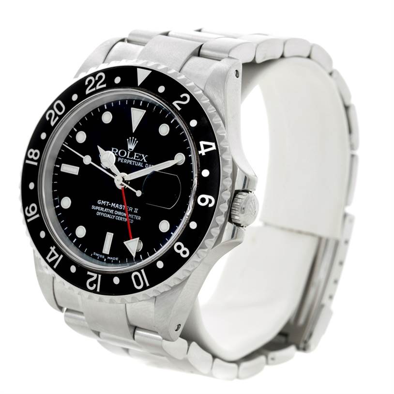 The image shows a Rolex GMT-Master 16710 Men's Stainless Steel Black Dial 16710 Men's Stainless Steel Black Dial II watch at an angle highlighting the bezel, dial, crown, and partially the bracelet.