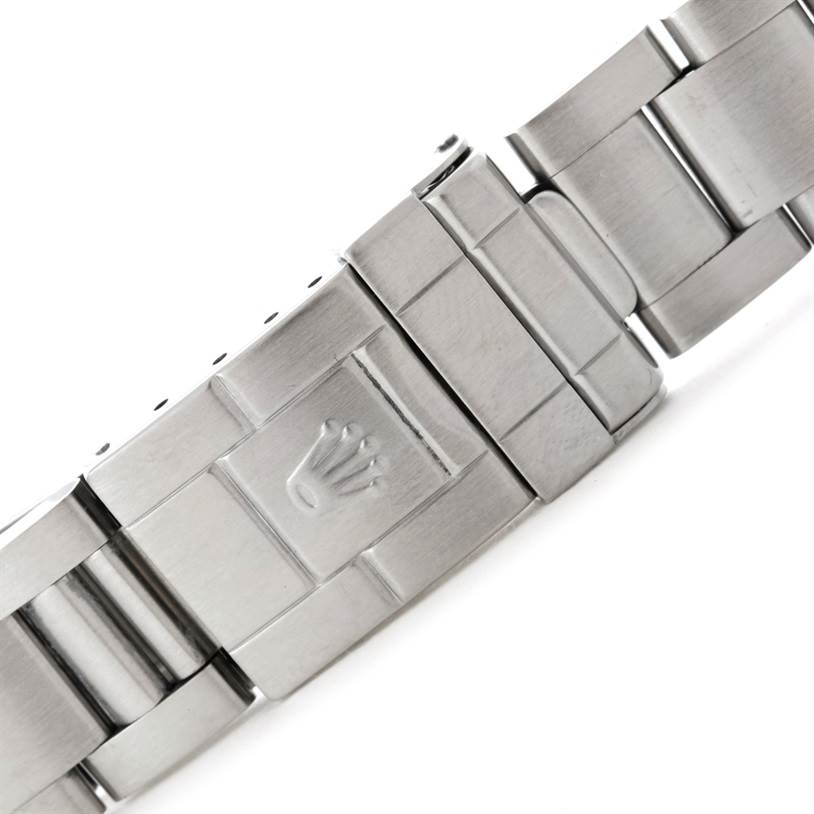 This is a close-up of the stainless steel bracelet clasp on a Rolex GMT-Master 16710 Men's Stainless Steel Black Dial 16710 Men's Stainless Steel Black Dial watch.