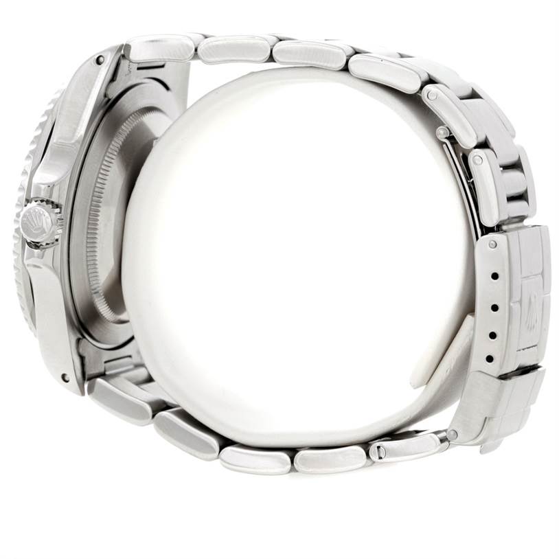 The image shows a side view of the Rolex GMT-Master 16710 Men's Stainless Steel Black Dial 16710 Men's Stainless Steel Black Dial watch, focusing on the bracelet, clasp, and crown.