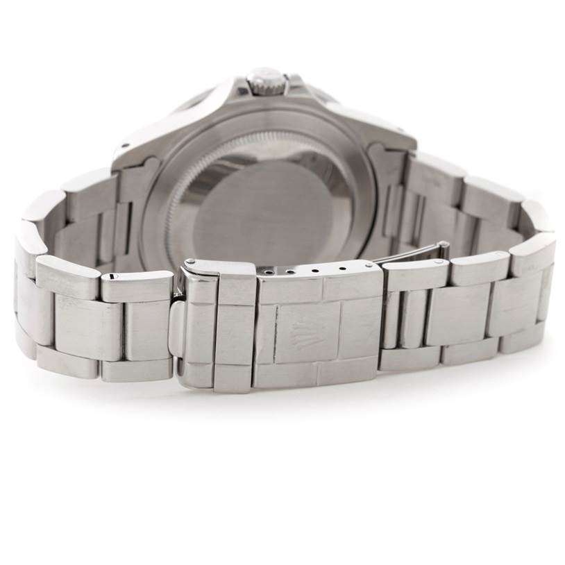 This image shows the back view of a Rolex GMT-Master 16710 Men's Stainless Steel Black Dial 16710 Men's Stainless Steel Black Dial watch, highlighting the case back and metal bracelet with the clasp.