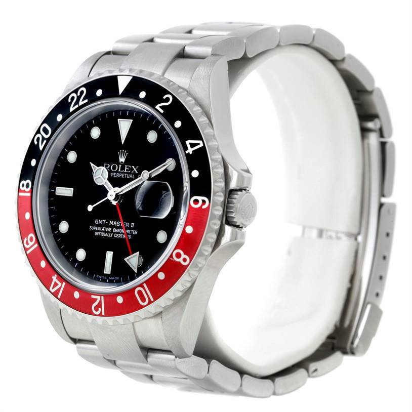 The image shows a side and front angle of the Rolex GMT-Master 16710 Men's Stainless Steel Black Dial 16710 Men's Stainless Steel Black Dial II watch, highlighting the bezel, dial, and stainless steel bracelet.