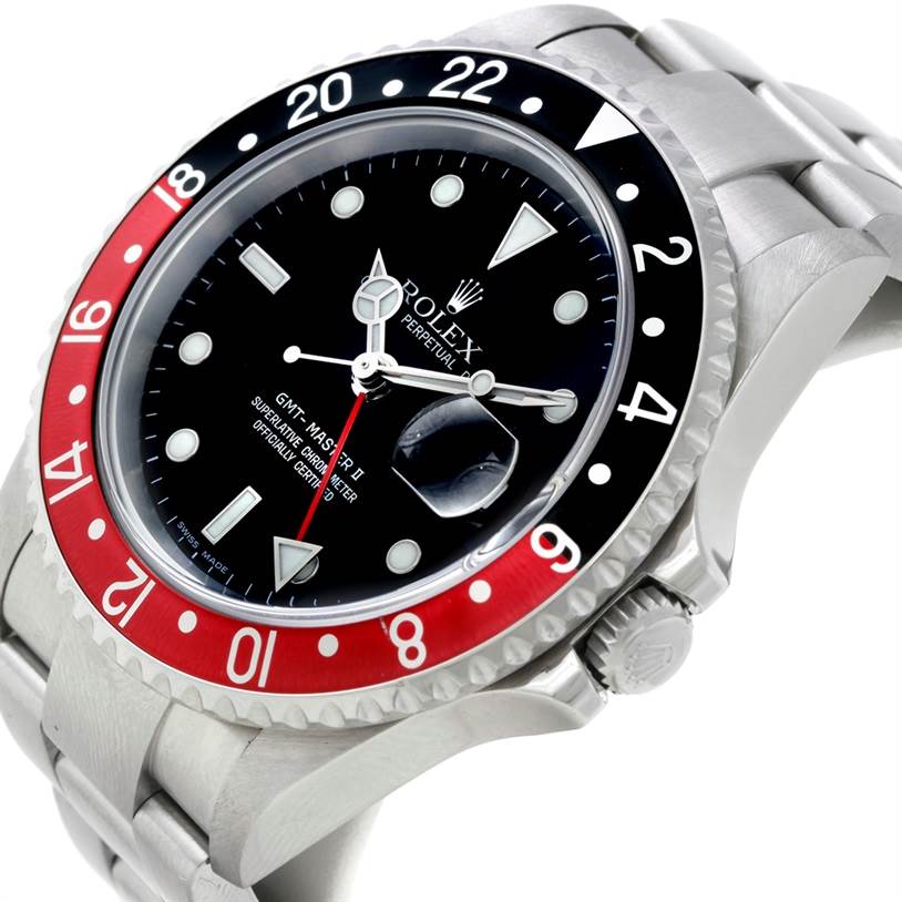 The Rolex GMT-Master 16710 Men's Stainless Steel Black Dial 16710 Men's Stainless Steel Black Dial watch is shown at an angled view, highlighting the dial, bezel, and crown.