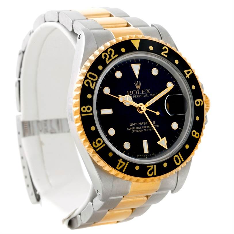 This image shows a front-side angle of a Rolex GMT-Master 16713 Men's Stainless Steel Black Dial 16713 Men's Stainless Steel Black Dial II watch, highlighting the black dial, bezel, and two-tone metal bracelet.