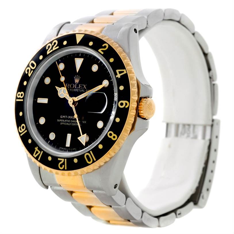The image shows a Rolex GMT-Master 16713 Men's Stainless Steel Black Dial 16713 Men's Stainless Steel Black Dial watch at an angle where the dial, bezel, crown, and bracelet are visible.
