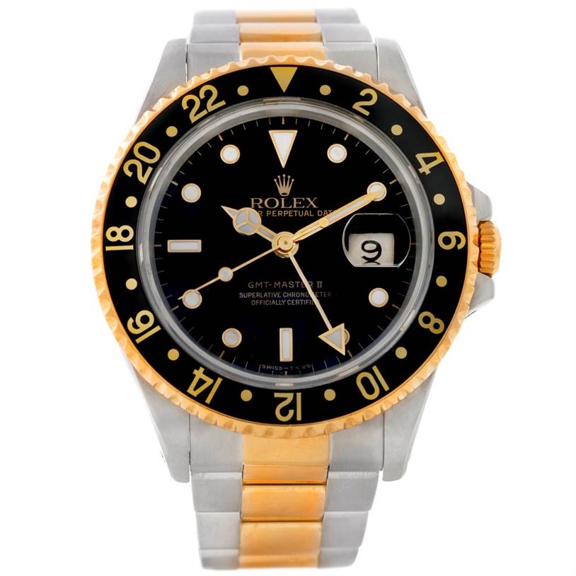 The image shows a front view of a Rolex GMT-Master 16713 Men's Stainless Steel Black Dial 16713 Men's Stainless Steel Black Dial II watch, highlighting its black bezel, gold details, and two-tone bracelet.