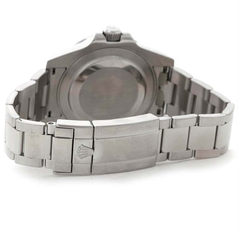 This image shows the backside of the Rolex GMT-Master 116710 Men's Stainless Steel Black Dial 116710 Men's Stainless Steel Black Dial watch, including the clasp and bracelet links.