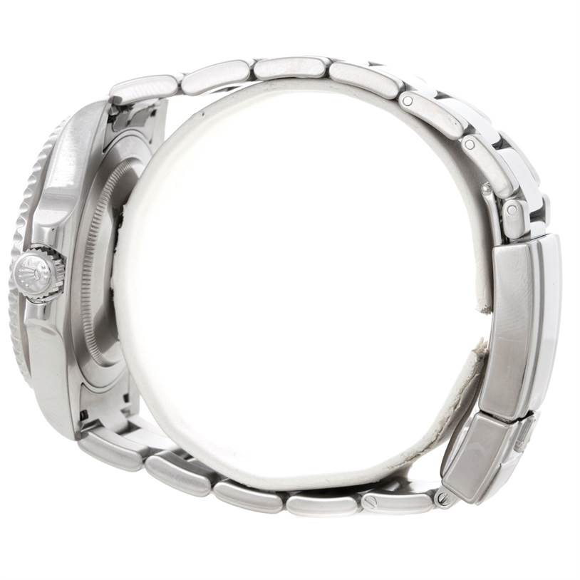 The image shows a side view of a Rolex GMT-Master 116710 Men's Stainless Steel Black Dial 116710 Men's Stainless Steel Black Dial watch, highlighting its bracelet and crown.