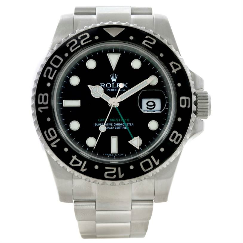 This image shows a front view of a Rolex GMT-Master 116710 Men's Stainless Steel Black Dial 116710 Men's Stainless Steel Black Dial watch, highlighting its dial, bezel, and bracelet.