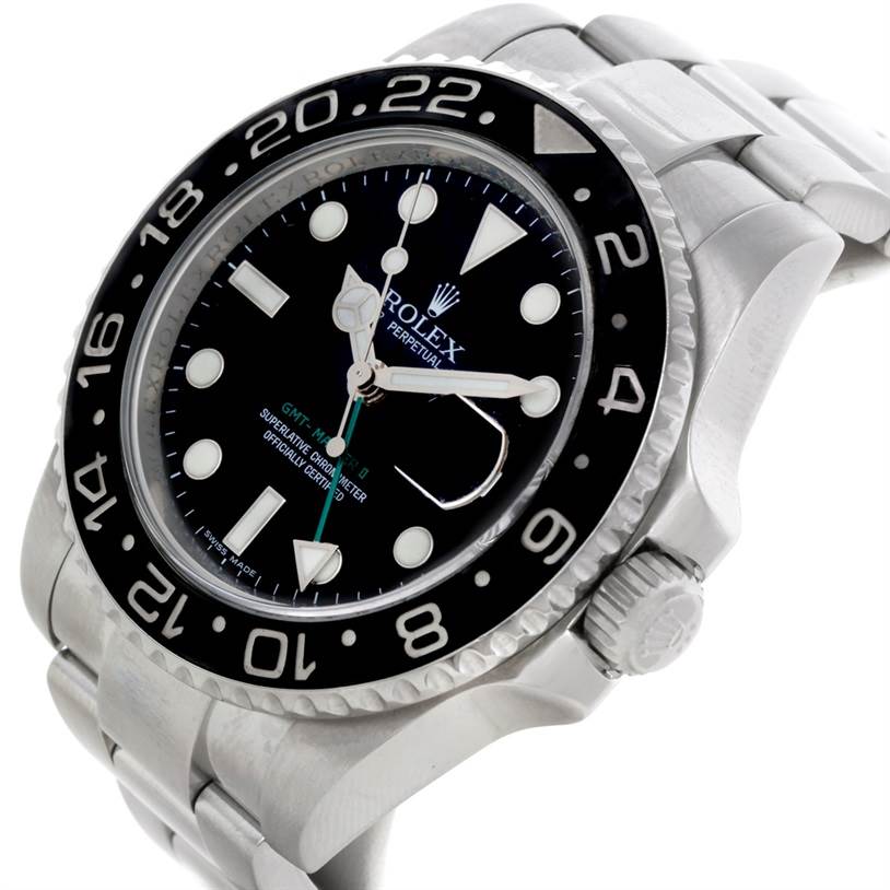 The Rolex GMT-Master 116710 Men's Stainless Steel Black Dial 116710 Men's Stainless Steel Black Dial watch is shown from a three-quarter angle emphasizing the bezel, crown, dial, and part of the bracelet.