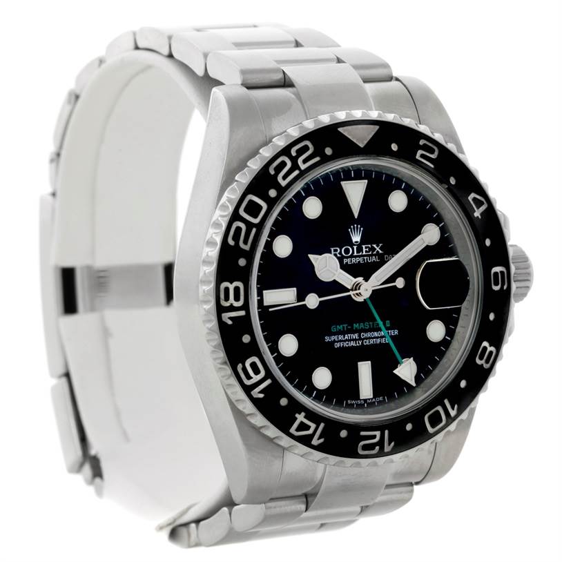 The image shows a front angled view of the Rolex GMT-Master 116710 Men's Stainless Steel Black Dial 116710 Men's Stainless Steel Black Dial watch, highlighting its face, bezel, and bracelet.