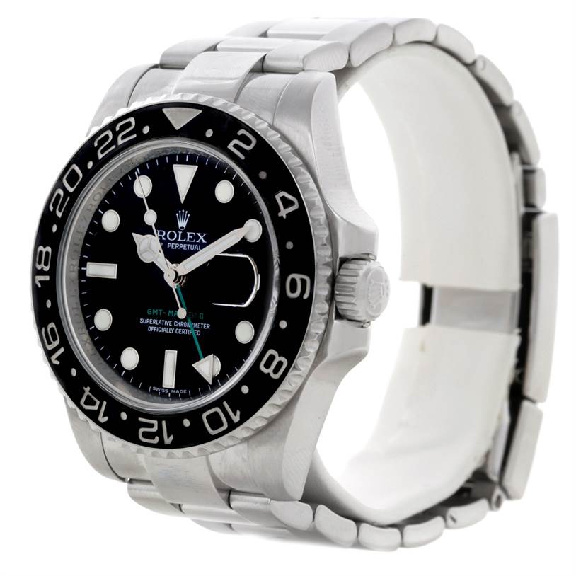 The Rolex GMT-Master 116710 Men's Stainless Steel Black Dial 116710 Men's Stainless Steel Black Dial watch is shown at a three-quarter angle, displaying the face, bezel, crown, and part of the bracelet.