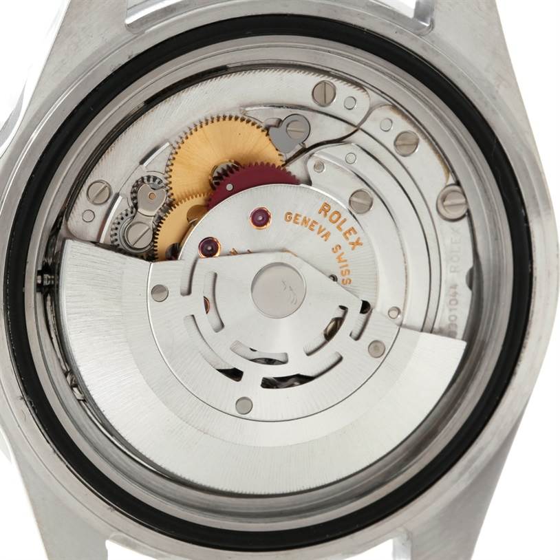 This image shows the back view of the Rolex GMT-Master 16710 Men's Stainless Steel Black Dial 16710 Men's Stainless Steel Black Dial model, revealing the intricate internal mechanical components.