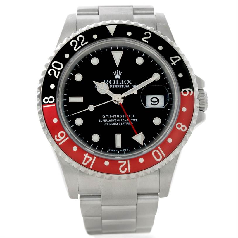 The image shows a frontal view of a Rolex GMT-Master 16710 Men's Stainless Steel Black Dial 16710 Men's Stainless Steel Black Dial II, highlighting its dial, bezel, and bracelet.
