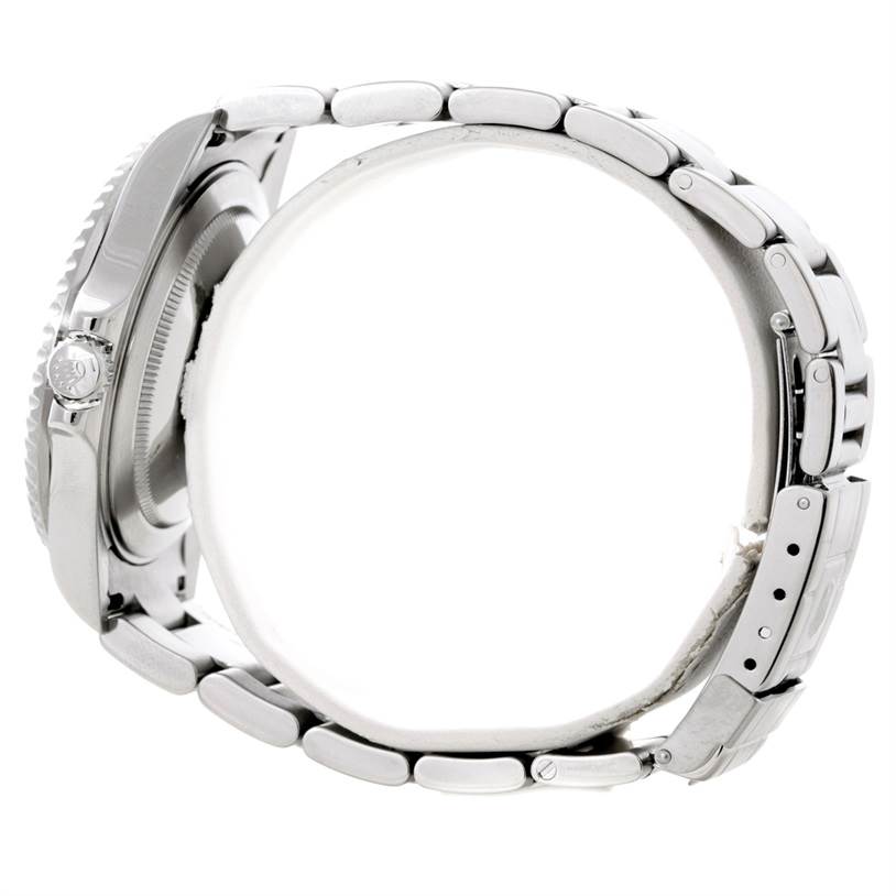 The image shows a side view of the Rolex GMT-Master 16710 Men's Stainless Steel Black Dial 16710 Men's Stainless Steel Black Dial watch, highlighting the case, crown, and metal bracelet.