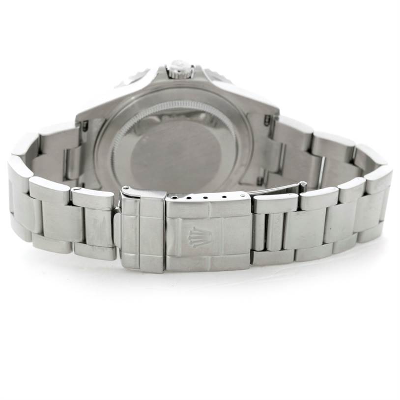 This image shows the caseback and bracelet of a Rolex GMT-Master 16710 Men's Stainless Steel Black Dial 16710 Men's Stainless Steel Black Dial watch from a rear angle.