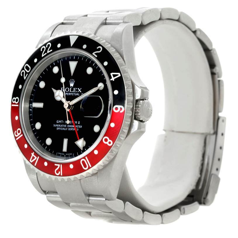 This image shows the front and right side of the Rolex GMT-Master 16710 Men
s Stainless Steel Black Dial 16710 Men
s Stainless Steel Black Dial watch, highlighting the bezel, dial, and part of the metal bracelet.