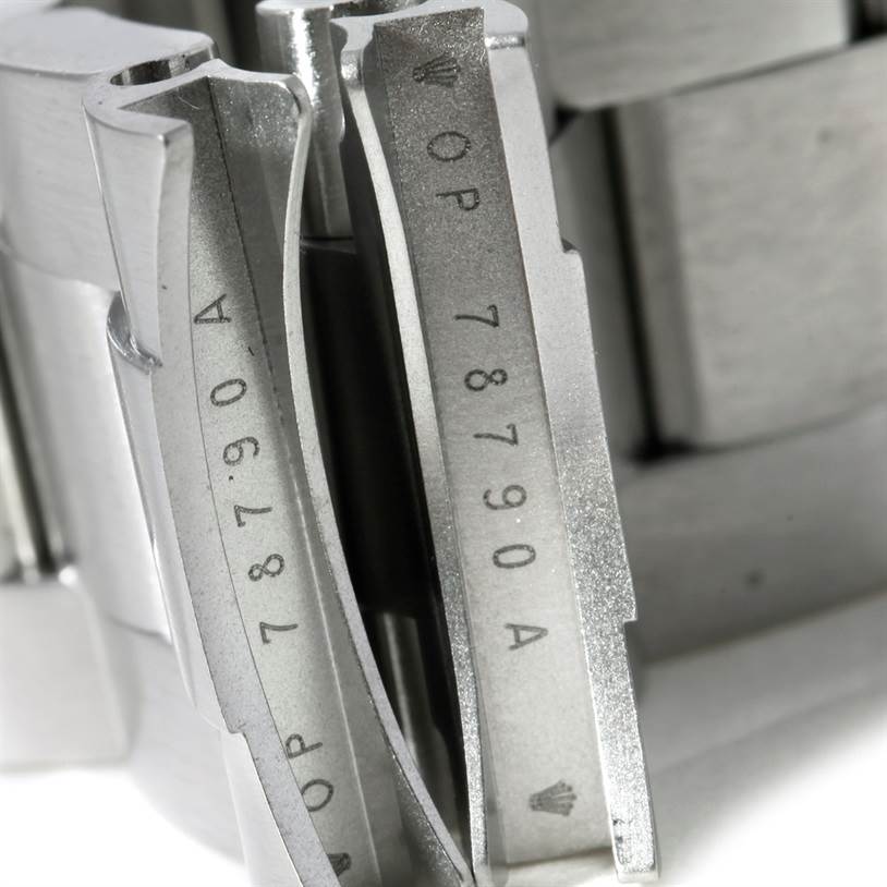 This close-up image shows the inner clasp of a Rolex GMT-Master 16710 Men
s Stainless Steel Black Dial 16710 Men
s Stainless Steel Black Dial watch bracelet, featuring model and part numbers.