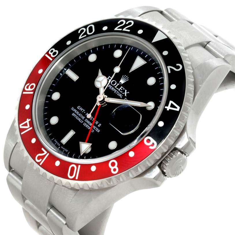 The image shows a Rolex GMT-Master 16710 Men
s Stainless Steel Black Dial 16710 Men
s Stainless Steel Black Dial watch at a slight angle, highlighting the bezel, dial, and part of the bracelet.
