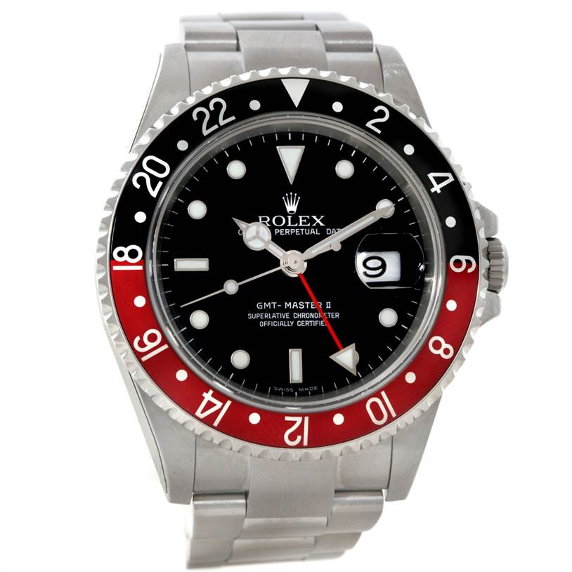 This Rolex GMT-Master 16710 Men
s Stainless Steel Black Dial 16710 Men
s Stainless Steel Black Dial watch is shown from a front angle, displaying the dial, bezel, hands, crown, and bracelet.