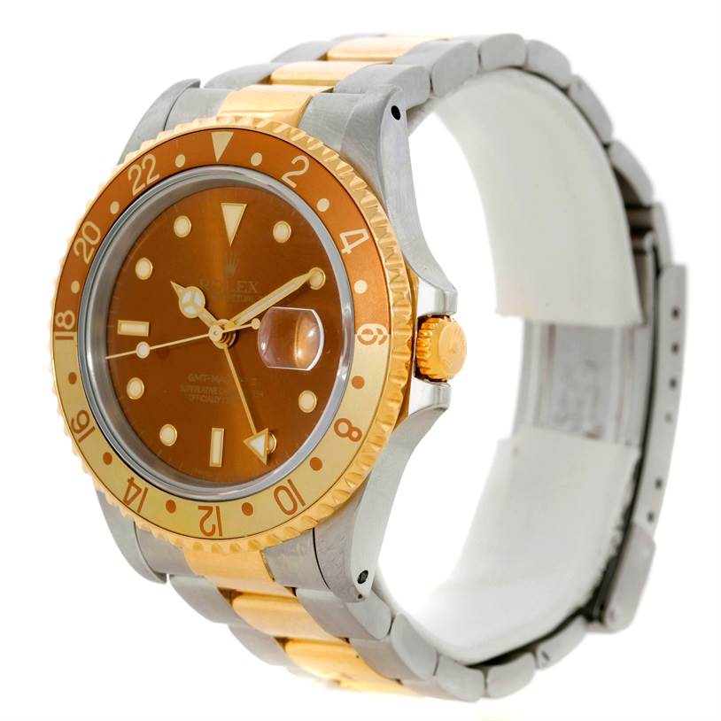 The image shows a side angle of a Rolex GMT-Master 16713 Men's Stainless Steel Brown Dial 16713 Men's Stainless Steel Brown Dial watch, highlighting the bezel, dial, crown, and bracelet.