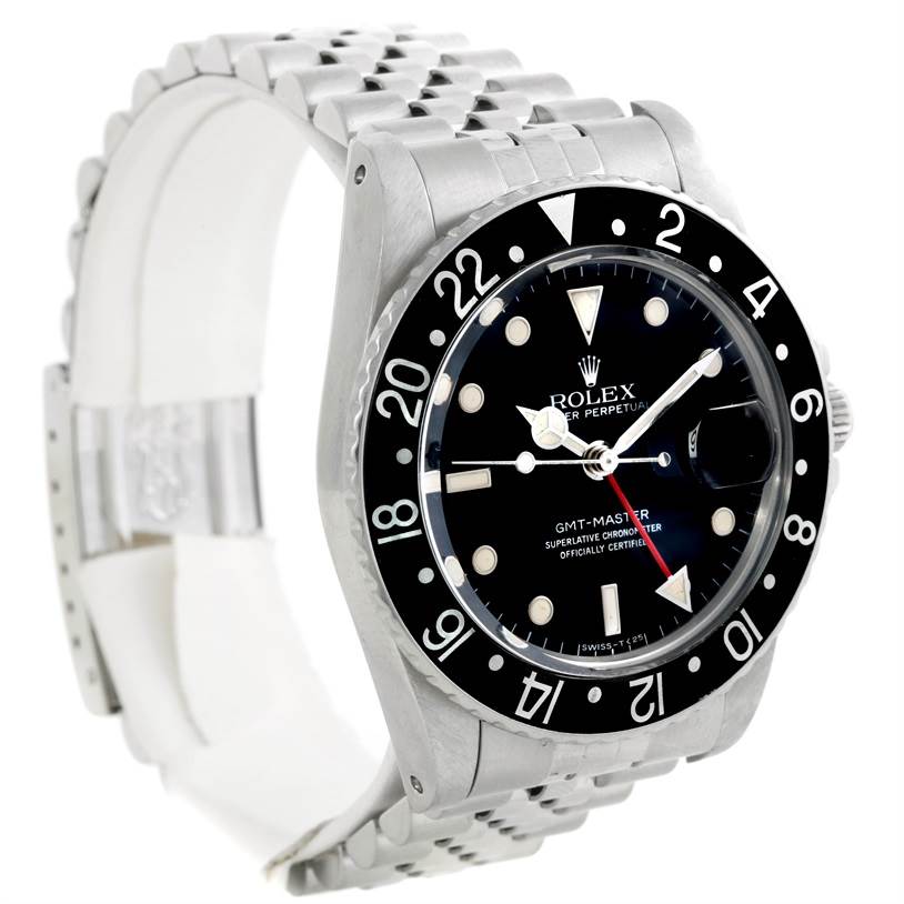 The image shows a three-quarter view of the Rolex GMT-Master 16750 Men's Stainless Steel Black Dial 16750 Men's Stainless Steel Black Dial watch, highlighting the bezel, dial, and bracelet.