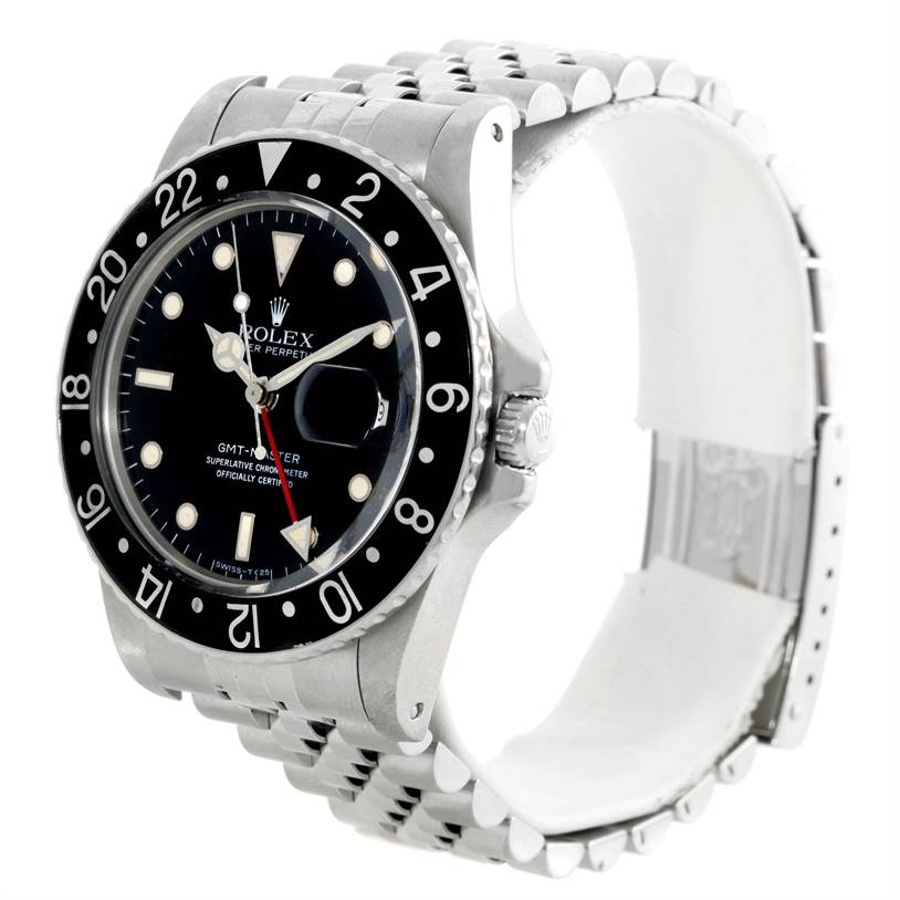 The Rolex GMT-Master 16750 Men's Stainless Steel Black Dial 16750 Men's Stainless Steel Black Dial watch is shown at an angle highlighting its bezel, face, crown, and part of the bracelet.