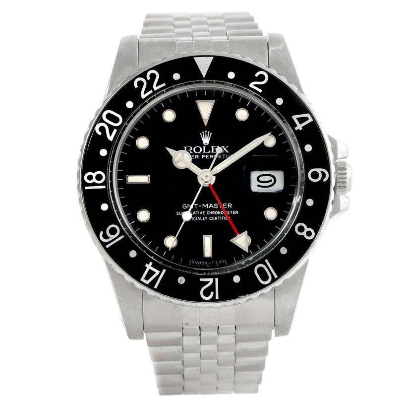 The image shows a front view of a Rolex GMT-Master 16750 Men's Stainless Steel Black Dial 16750 Men's Stainless Steel Black Dial watch with a black dial and a silver metal bracelet.