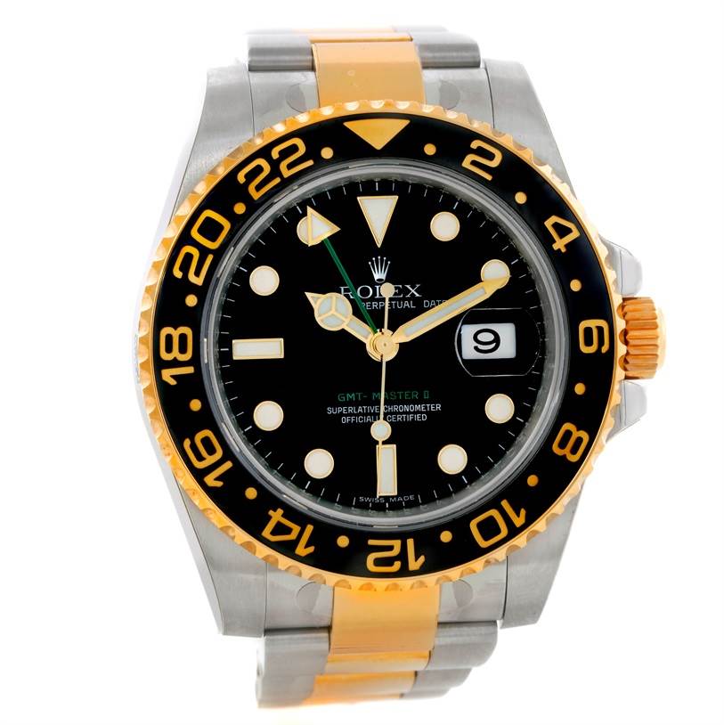 The image shows a front view of a Rolex GMT-Master 116713 Men's Stainless Steel Black Dial 116713 Men's Stainless Steel Black Dial watch, displaying the face, bezel, and part of the bracelet.
