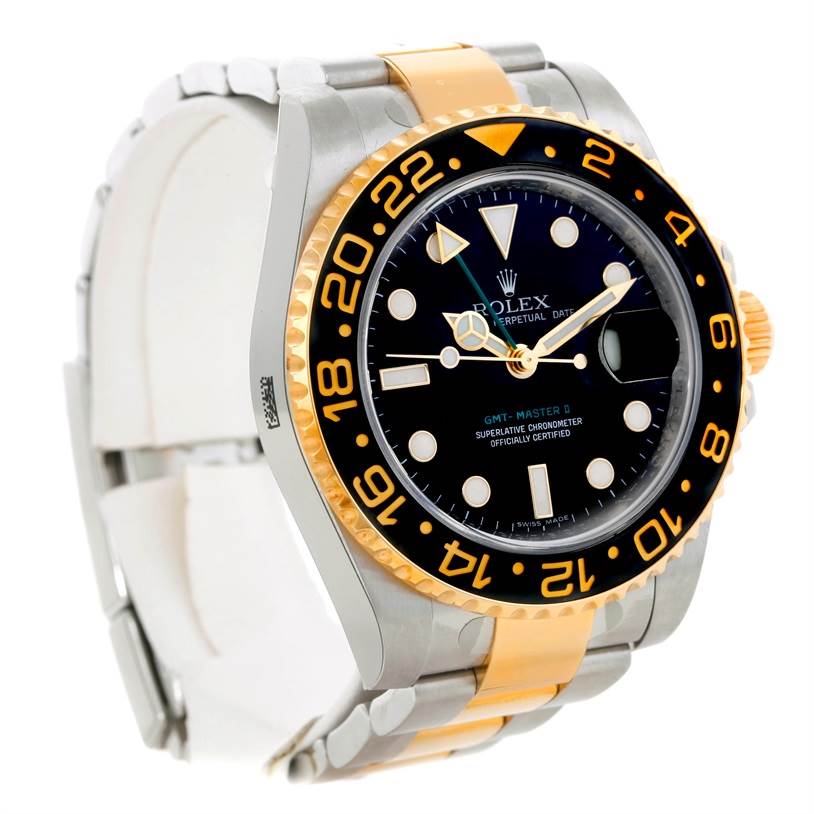 The image shows a frontal view of a Rolex GMT-Master 116713 Men's Stainless Steel Black Dial 116713 Men's Stainless Steel Black Dial watch, highlighting the bezel, dial, case, and part of the bracelet.